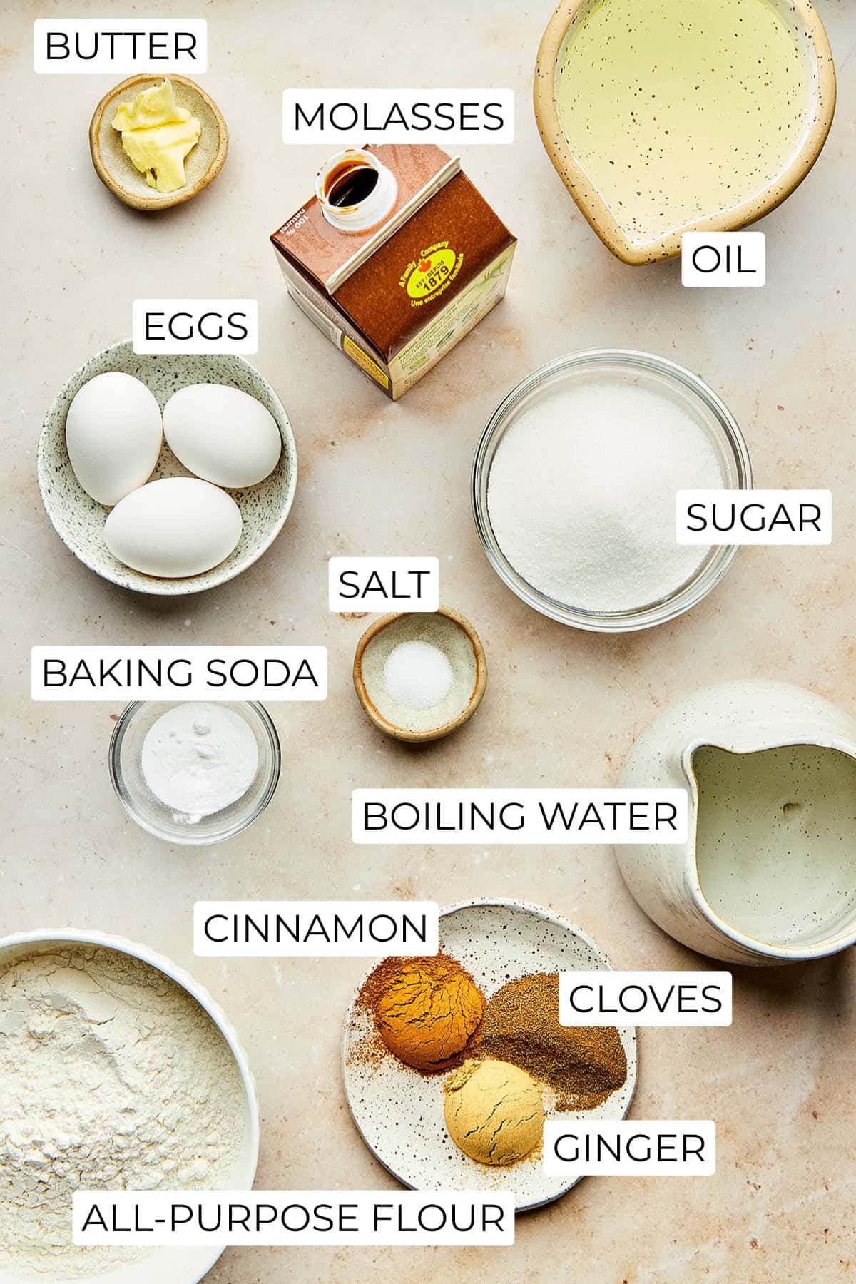 Ingredients to make old-fashioned gingerbread cake.