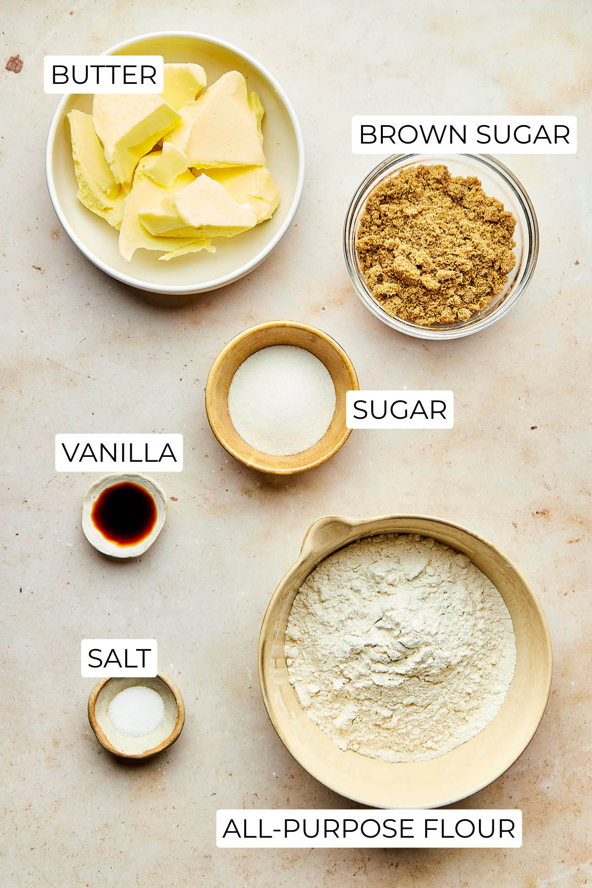 Ingredients to make brown sugar shortbread cookies.