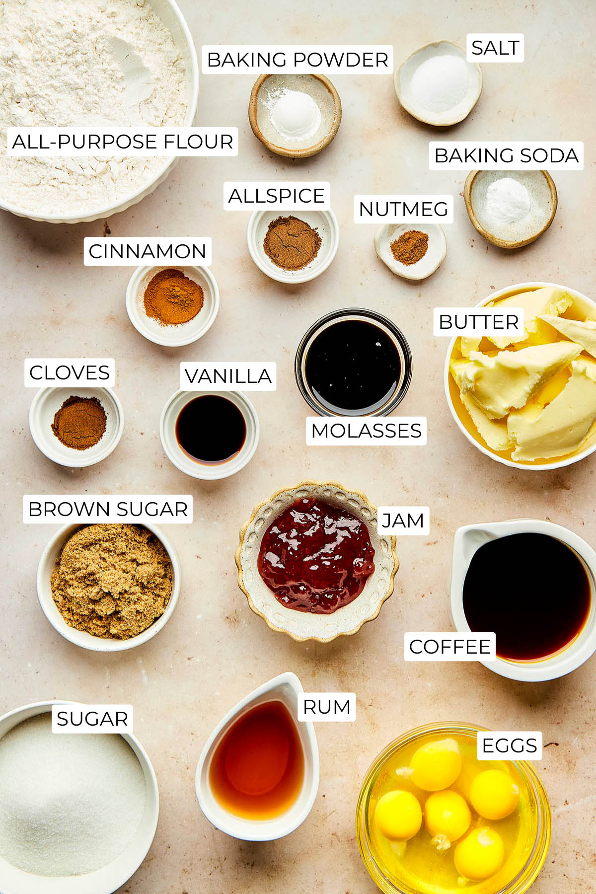 Cake ingredients to make Christmas fruitcake.