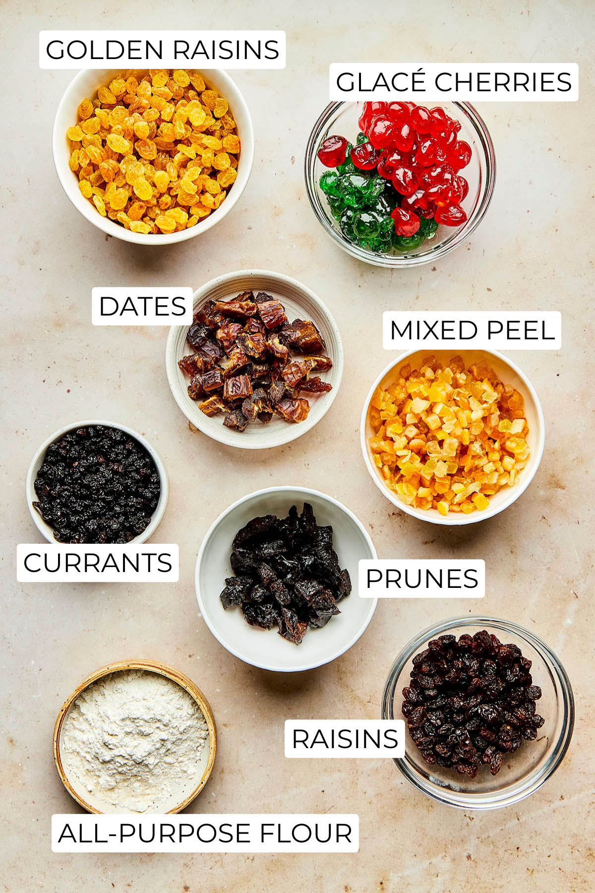 Dried fruit ingredients to make Christmas fruitcake.