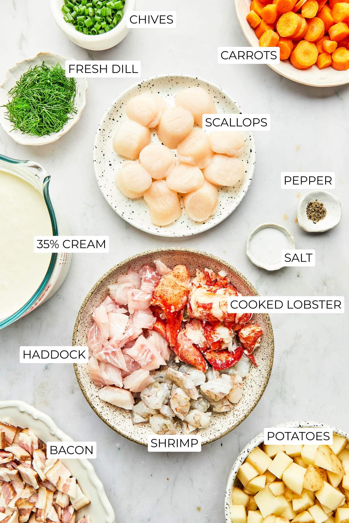 Ingredients to make Nova Scotia seafood chowder.