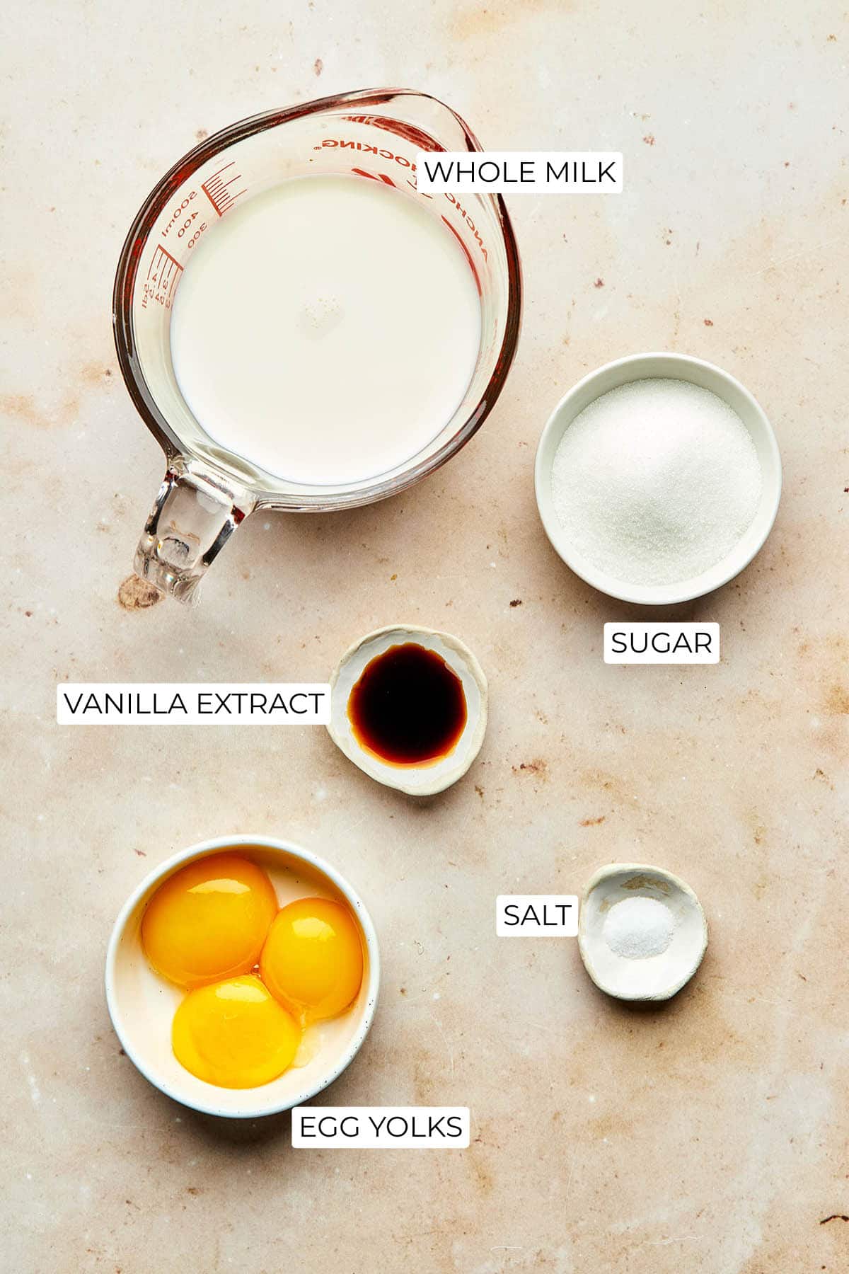 Ingredients to make vanilla custard sauce.