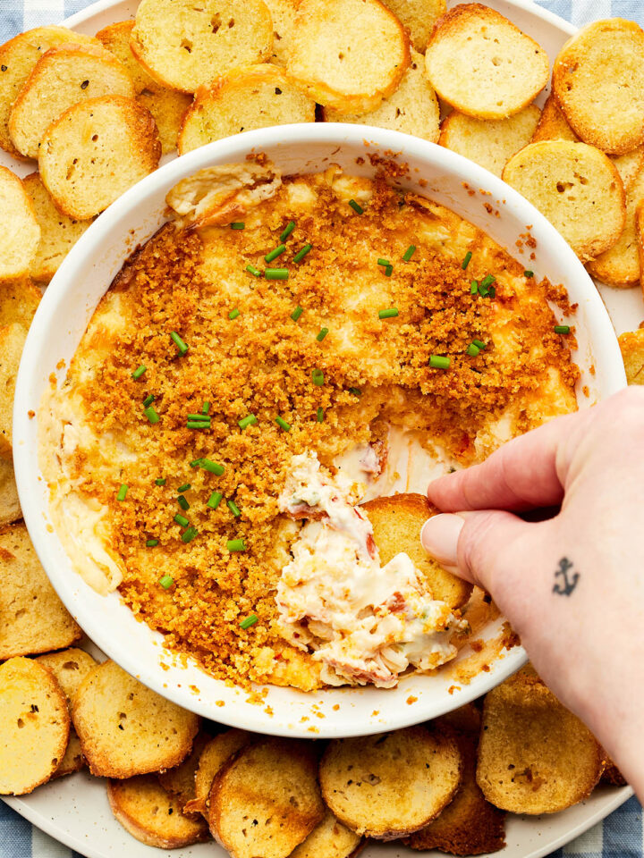 A hand dipping a bagel chip into a dish of hot lobster dip with cream cheese.