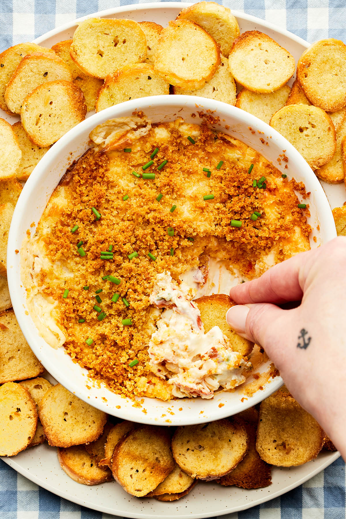 A hand dipping a bagel chip into a dish of hot lobster dip with cream cheese. 