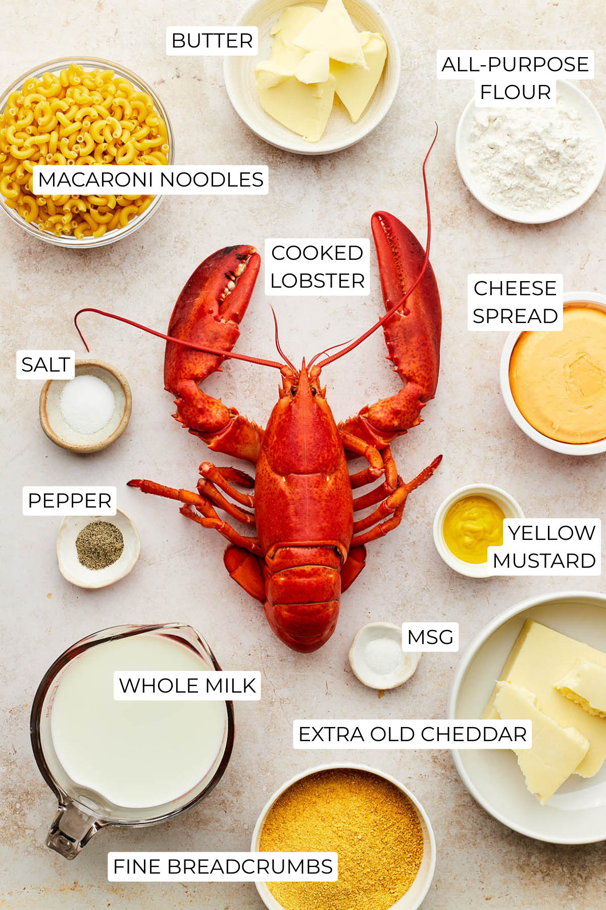 Ingredients to make lobster mac and cheese.