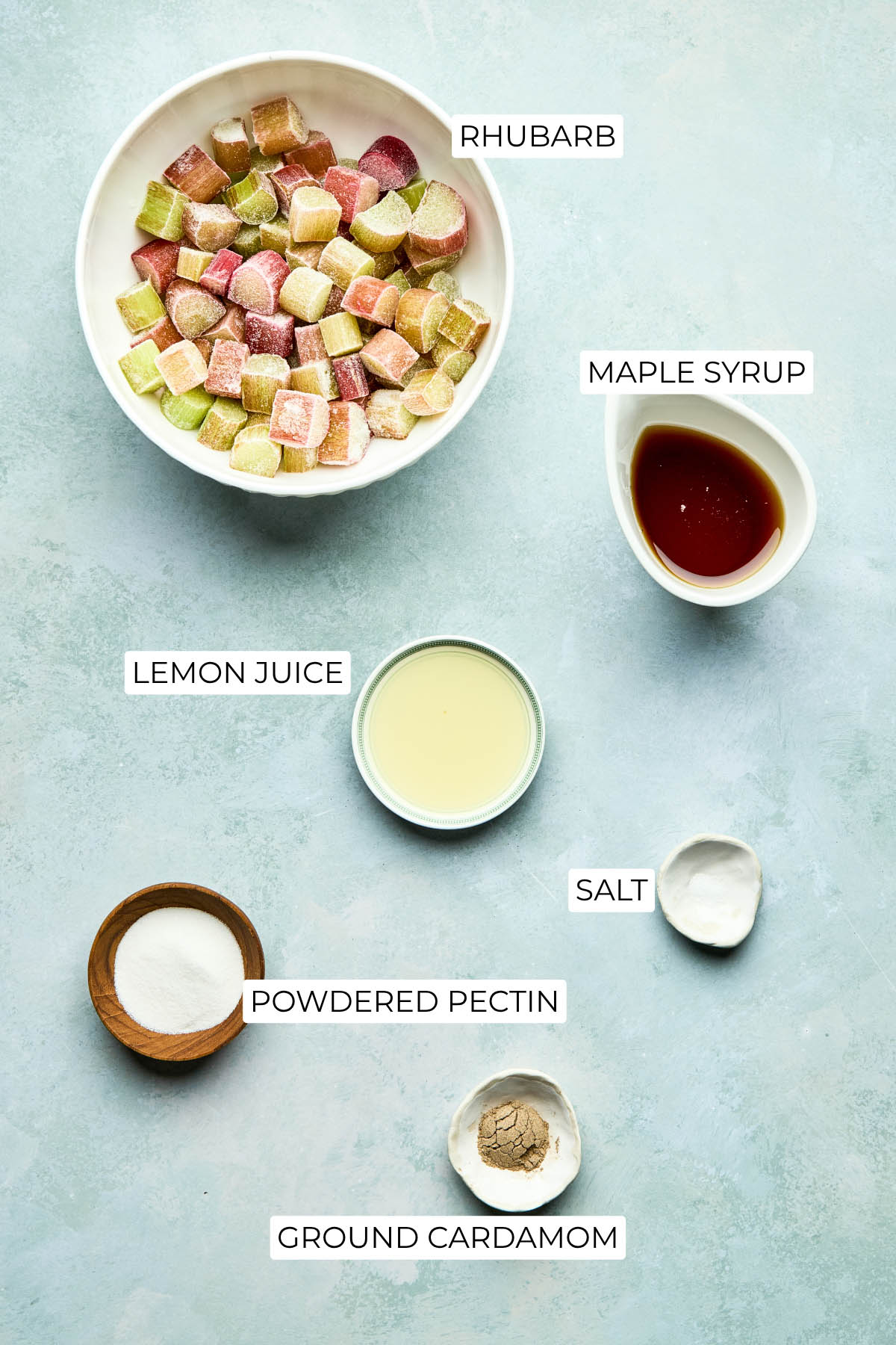 Ingredients to make small-batch rhubarb jam.