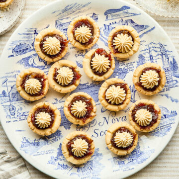 Cape Breton pork pies on a blue and white vintage plate.