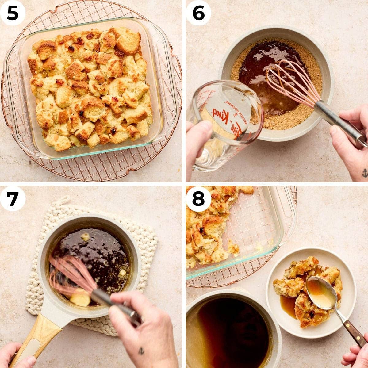5. Golden baked bread pudding with raisins resting on a wire cooling rack. 6. Water being poured into a saucepan with brown sugar and cornstarch while whisking. 7. Butter being whisked into the dark brown rum sauce in a saucepan. 8. Warm rum sauce being spooned over a serving of bread pudding in a cream-coloured bowl.