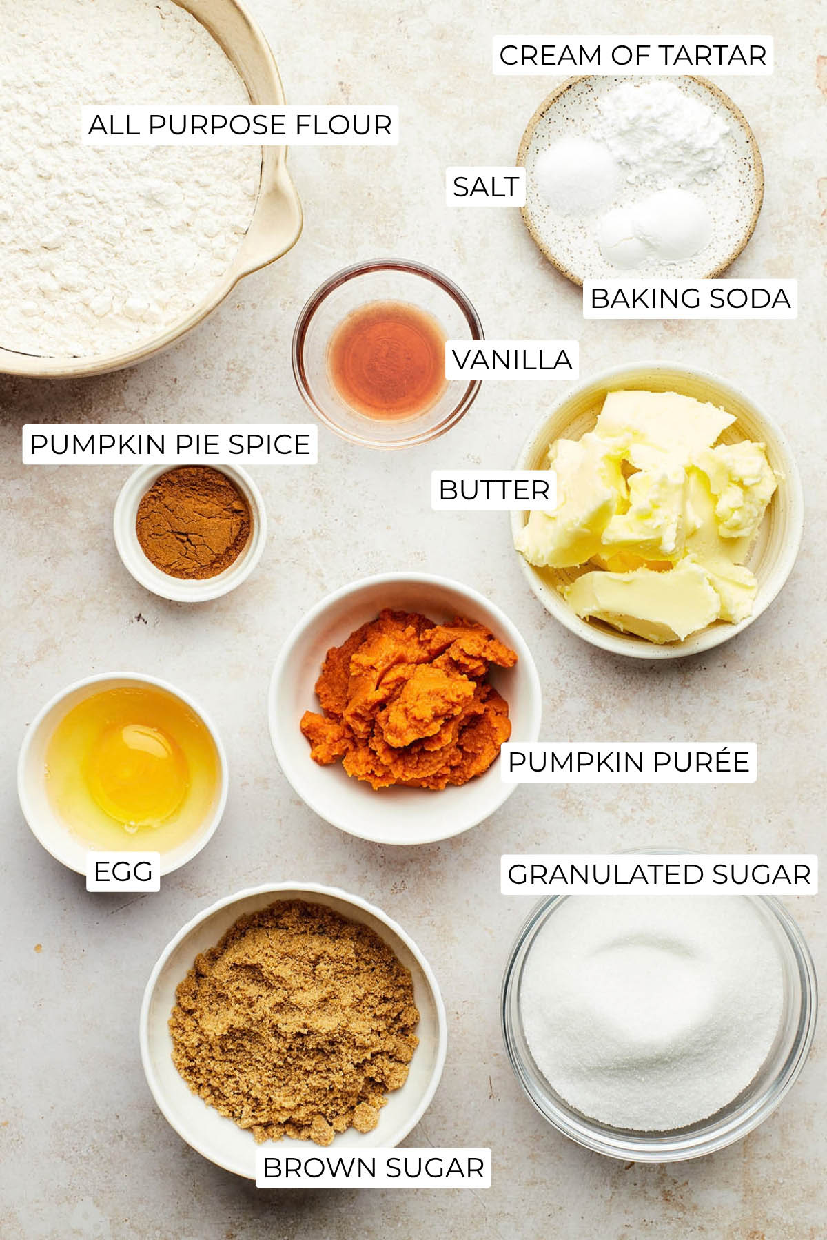 Ingredients to make pumpkin snickerdoodles cookies.