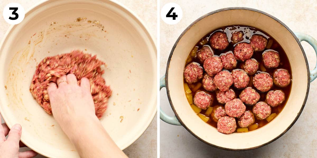 Mixing the ground beef mixture by hand and placing freshly rolled meatballs into the pineapple sauce in a Dutch oven.