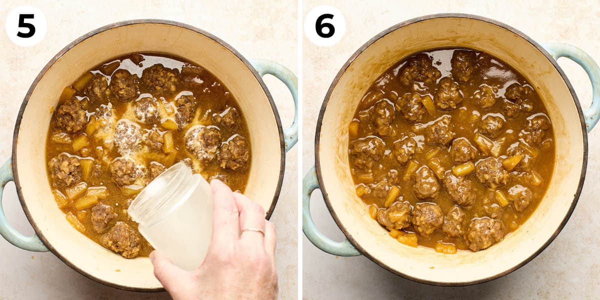 Adding a cornstarch slurry to cooked meatballs in pineapple sauce, followed by the finished meatballs in thickened sauce.